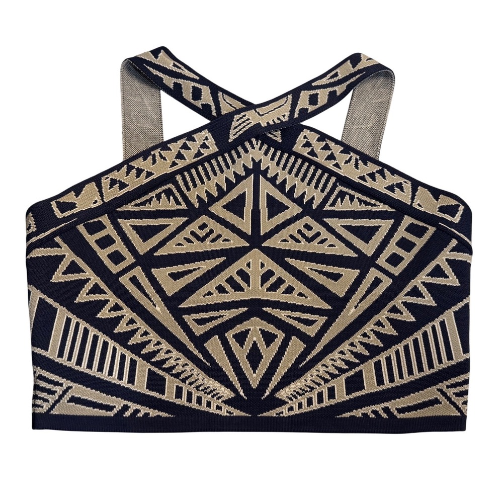 BCBGMAXAZRIA Crop Top Navy Beige Geometric Jacquard Knit Halter Womens XS Dressy